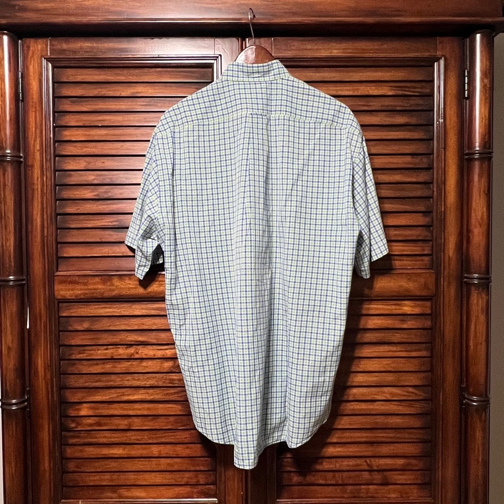Faconnable Mens Large Green Blue Plaid Short Sleeve Button Down Shirt USA Made - Picture 2 of 10